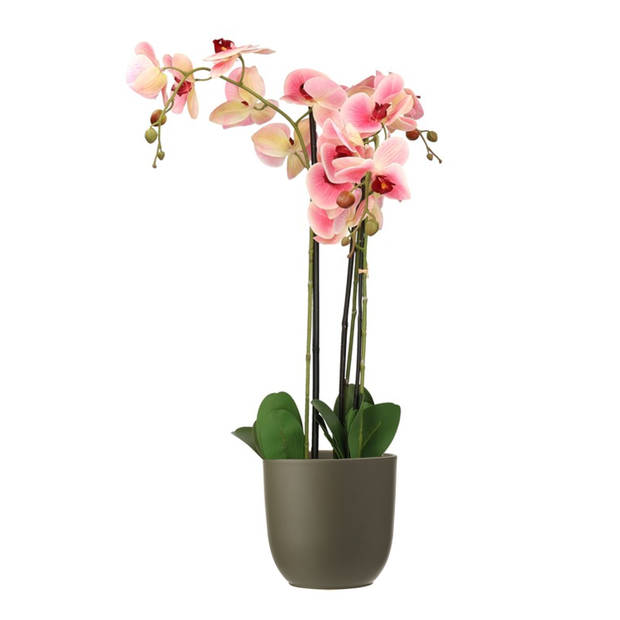 Orchidee kunstplant roze - 75 cm - inclusief bloempot olijfgroen mat - Kunstplanten