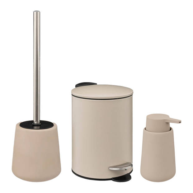 5Five Badkamer accessoires set - beige - zeeppompje/pedaalemmer/wc-borstel - Badkameraccessoireset