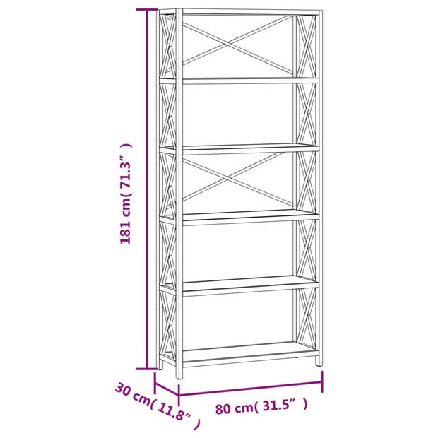 The Living Store Opbergrek Massief Eikenhout 6 Schappen - 80 x 30 x 181 cm - Stabiel Frame