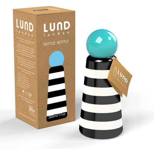 Lund - Skittle Drinkfles Dubbelwandig 500 ml Strepen & Hemelsblauw - Roestvast Staal - Zwart