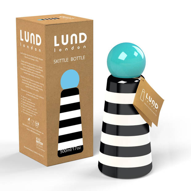 Lund - Skittle Drinkfles Dubbelwandig 500 ml Strepen &amp, Hemelsblauw - Roestvast Staal - Zwart