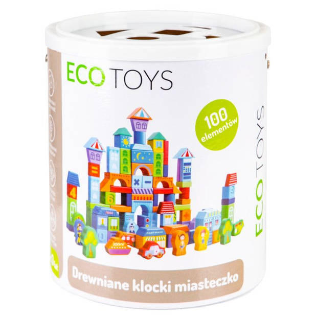 Ecotoys houten speelblokken met sorteerder in stad thema 23 x 20.5 x 20.5 cm