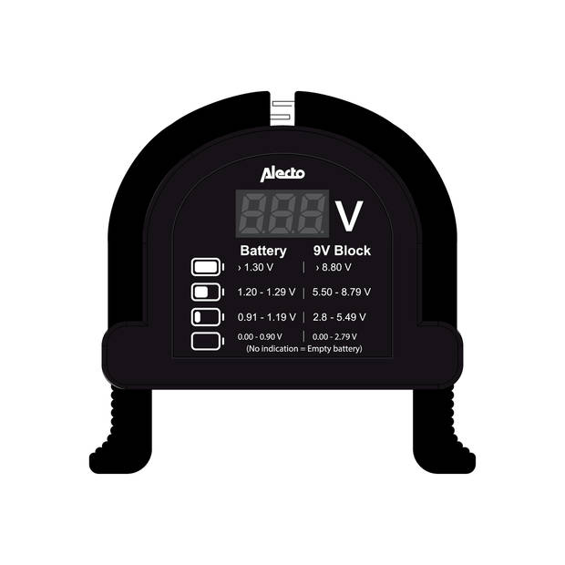 Compacte universele batterijtester voor AA, AAA, C, D en 9V batterijen Alecto Zwart