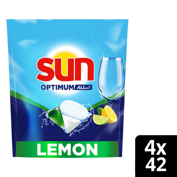 Sun - Optimum Lemon All-in-1 - 100% oplosbare tabletfolie - 4 x 42 stuks -168 vaatwastabletten - Voordeelverpakking