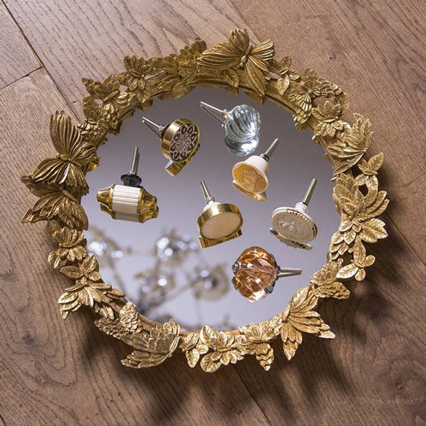 HAES DECO - Ronde Spiegel met Vlinders - Goudkleurig - Ø 34x5 cm - Polyresin / Glas - Wandspiegel, Spiegel rond