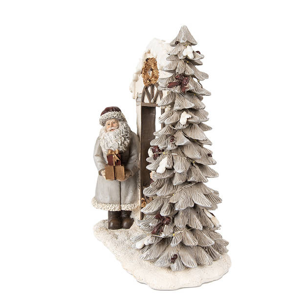 Clayre & Eef Kerstdecoratie met LED-verlichting Kerstman 22x10x23 cm Wit Polyresin Wit