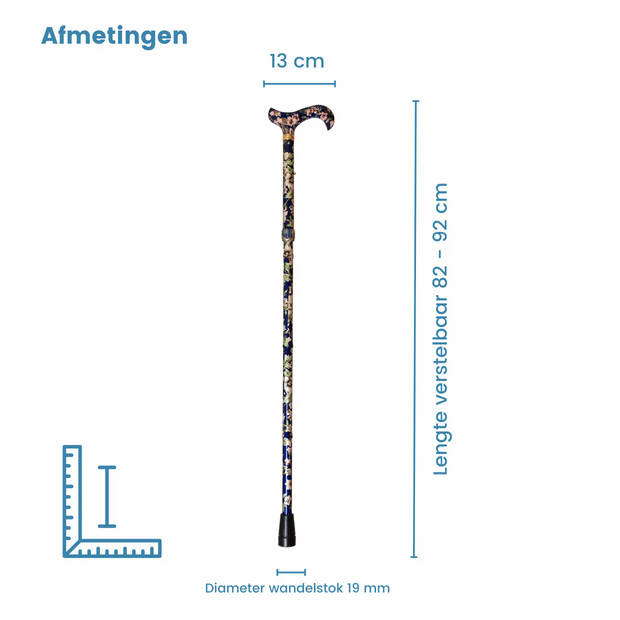 Classic Canes Opvouwbare Wandelstok - Donkerblauw - Bloemen - Aluminium - Derby Handvat - Lengte 82 - 92 cm