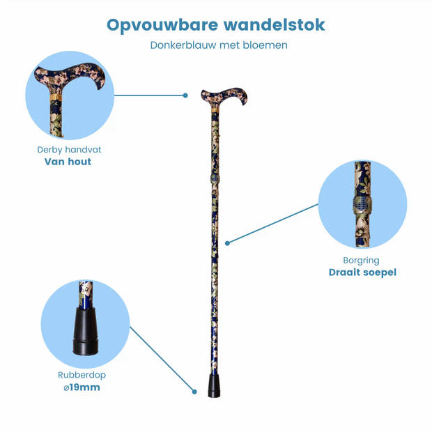 Classic Canes Opvouwbare Wandelstok - Donkerblauw - Bloemen - Aluminium - Derby Handvat - Lengte 82 - 92 cm