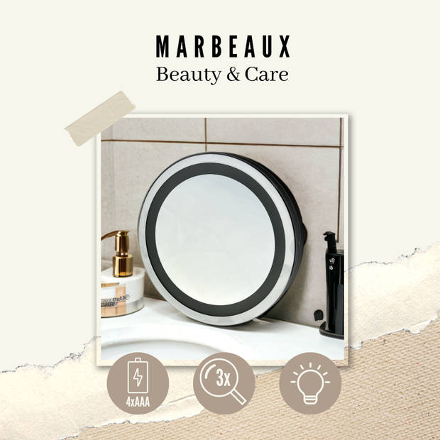MARBEAUX Scheerspiegel - Make up - Spiegel met Zuignap - 3x vergroting - LED verlichting - 15cm - Zilver
