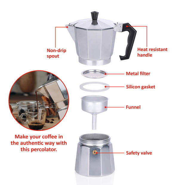 alpina Percolator - 270 ML - Koffiemachine - ?10 x 19 CM - 320 GR - Koffie Zonder Elektriciteit - Aluminium