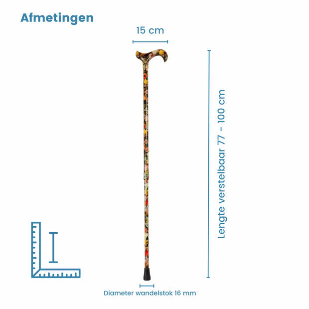 Classic Canes Verstelbare Wandelstok - Stil Leven - Bosschaert - Aluminium - Derby Handvat - Lengte 77 - 100 cm
