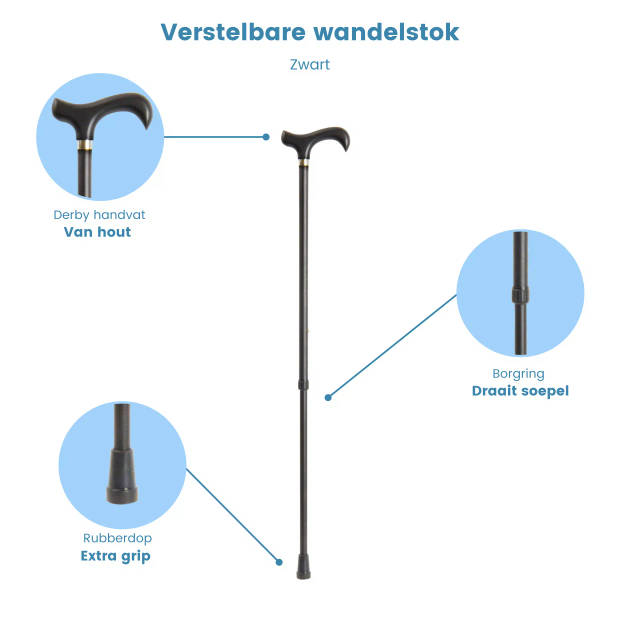 Classic Canes Verstelbare Wandelstok - Zwart - Aluminium - Derby Handvat - Lengte 71 - 93 cm