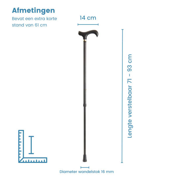 Classic Canes Verstelbare Wandelstok - Zwart - Aluminium - Derby Handvat - Lengte 71 - 93 cm