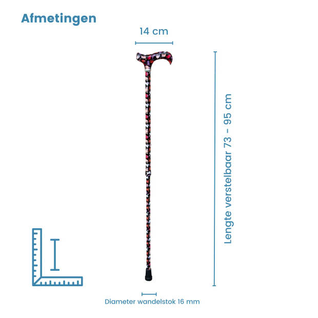 Classic Canes Verstelbare Wandelstok - Katten - Aluminium - Derby Handvat- Lengte 73 - 95 cm - Extra Korte Stand 63 cm