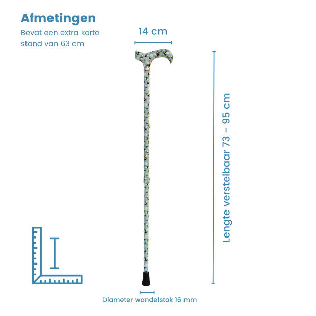 Classic Canes Verstelbare Wandelstok - Bijen - Aluminium - Derby Handvat - Lengte 73 - 95 cm - Extra Korte Stand 63 cm