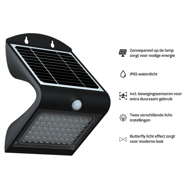 FlinQ Atalanta - Solar Wandlamp - Solar Tuinverlichting - Bewegingssensor - 4W - Zwart