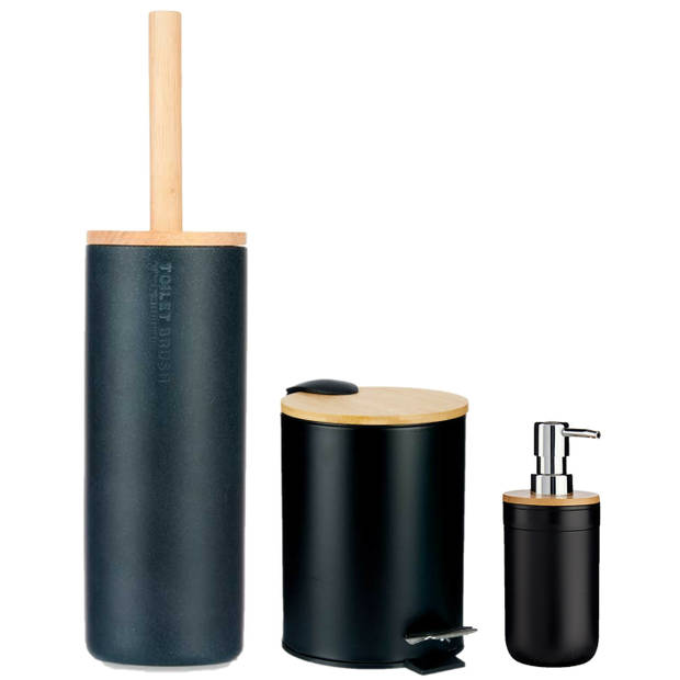 Berilo badkamer accesoires set Malaga - toiletborstel/pedaalemmer/zeeppomje - zwart - Badkameraccessoireset