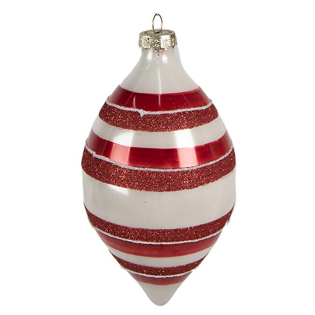 Clayre & Eef Kerstbal Ø 8x15 cm Rood Wit Glas Kerstboomversiering Rood Kerstboomversiering