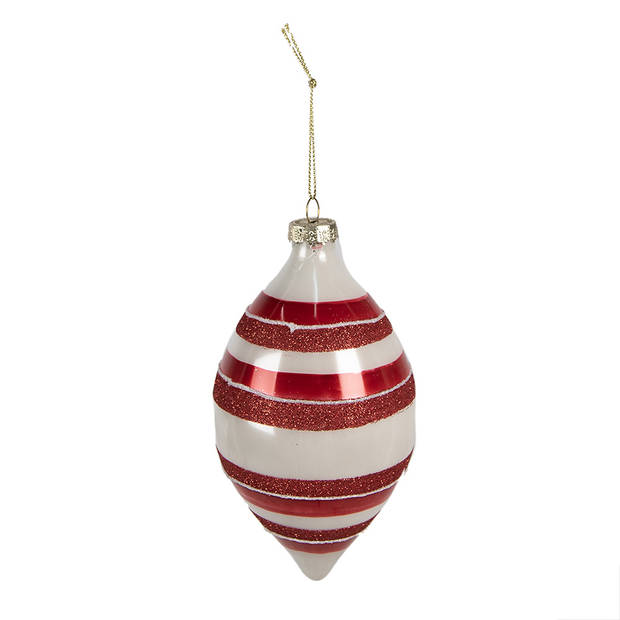 Clayre & Eef Kerstbal Ø 8x15 cm Rood Wit Glas Kerstboomversiering Rood Kerstboomversiering