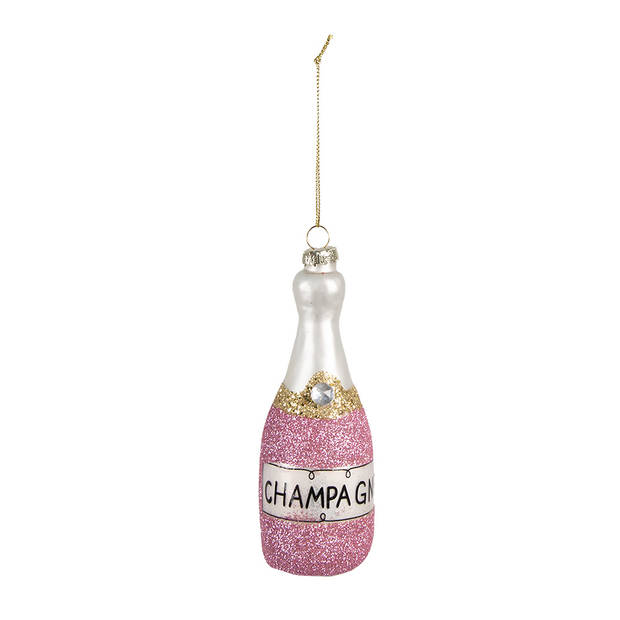 Clayre & Eef Kersthanger Fles 14 cm Roze Glas Kerstboomversiering Roze Kerstboomversiering