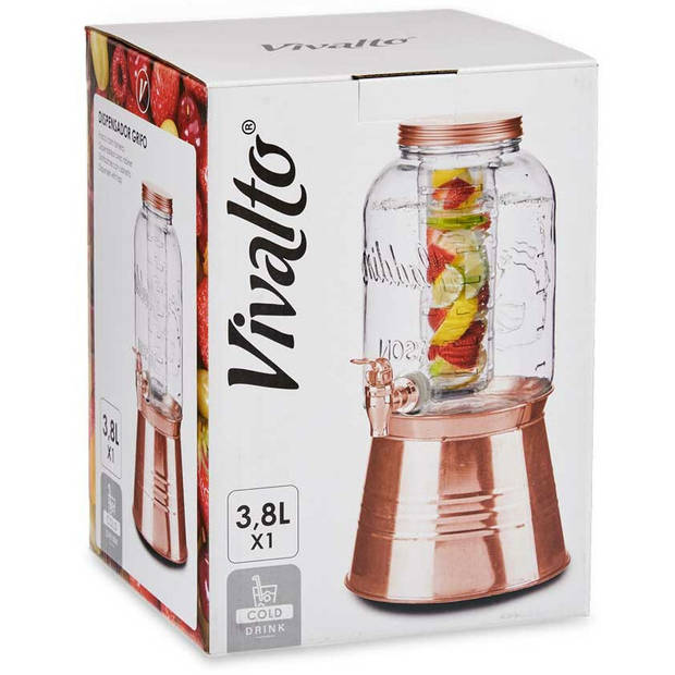 Vivalto Drankdispenser/limonadetap op voet - koper - glas - 3.8 liter - Drankdispensers