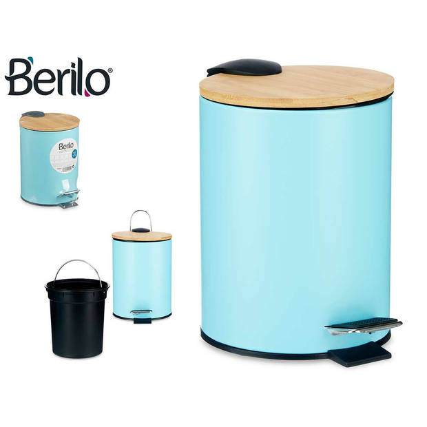 Berilo Prullenbak/pedaalemmer - turquoise blauw - 3 liter - metaal/bamboe - 17 x 23,5 cm - Pedaalemmers