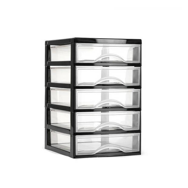 Plasticforte Ladeblokje/bureau organizer 5x lades - zwart/transparant - L18 x B21 x H28 cm - plastic - Ladeblok