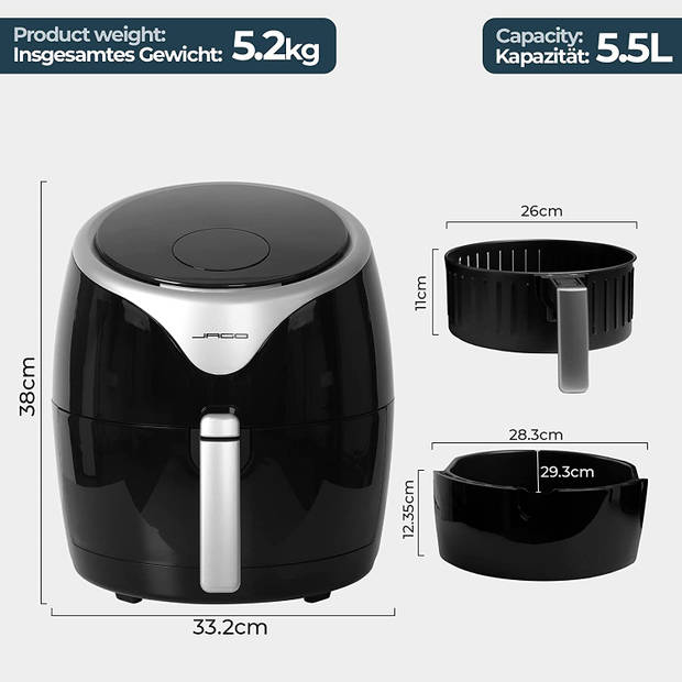 Jago- Airfryer, heteluchtfriteuse, 5,5 L, LED Display met timer