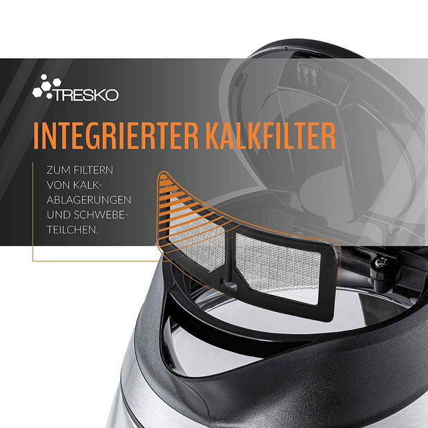 Tresko- Waterkoker, glas, transparant, LED-verlichting, 1.8 liter, 2200 watt, BPA vrij, instelbare temperatuur