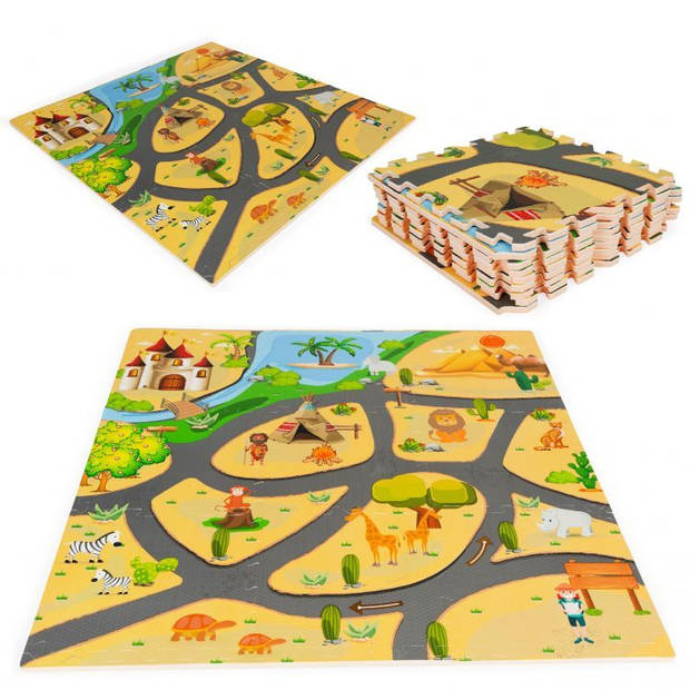 Ecotoys 9 delige puzzelspeelmat foam safari voor baby en peuter - Vloerpuzzel inclusief opbergtas - 93,5x93,5cm