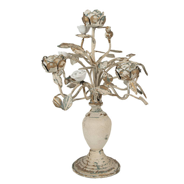 HAES DECO - Kandelaar 48 cm Beige Ijzer Bloemen Kaarsenstandaard