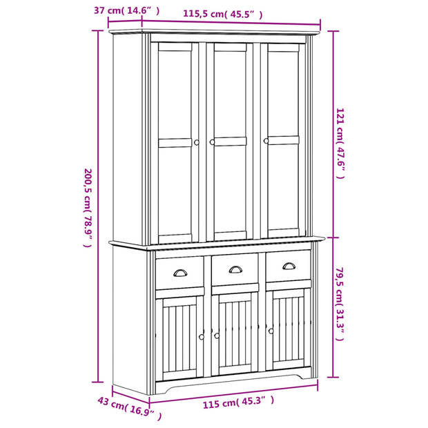 vidaXL Hoge kast BODO 115,5x43x200,5 cm massief grenenhout grijs