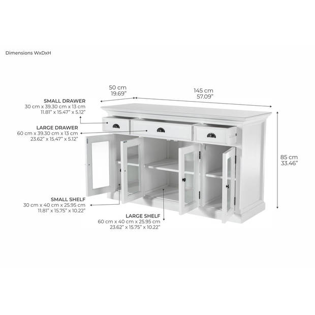 Halifax dressoir 4 deuren, 2 kleine laden, 1 groot lade wit.