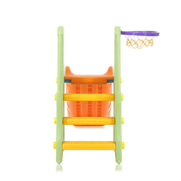 Glijbaan, groen-oranje, met basketbalnet, kinderglijbaan, buitenspeelgoed