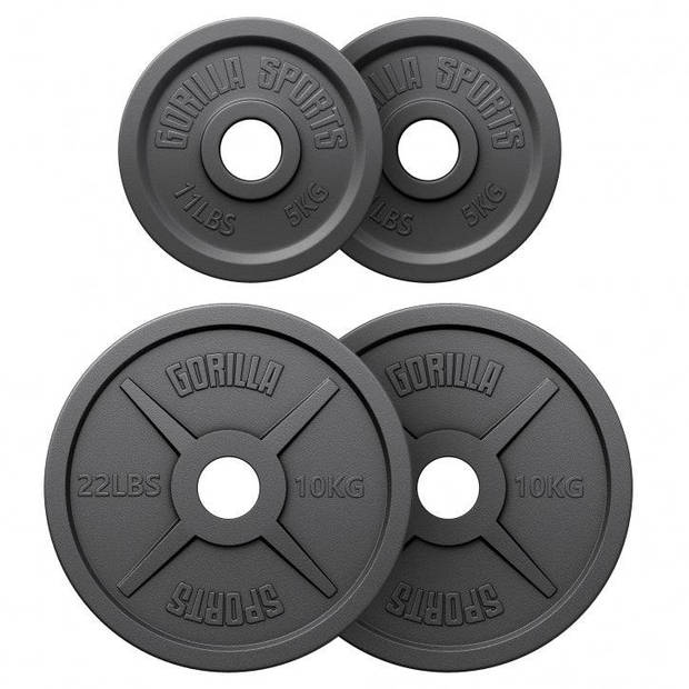 Gorilla Sports Halterschijven 30 kg - 2x5+2x10 kg - Gietijzer - Zwart - 50 mm - Gewicht