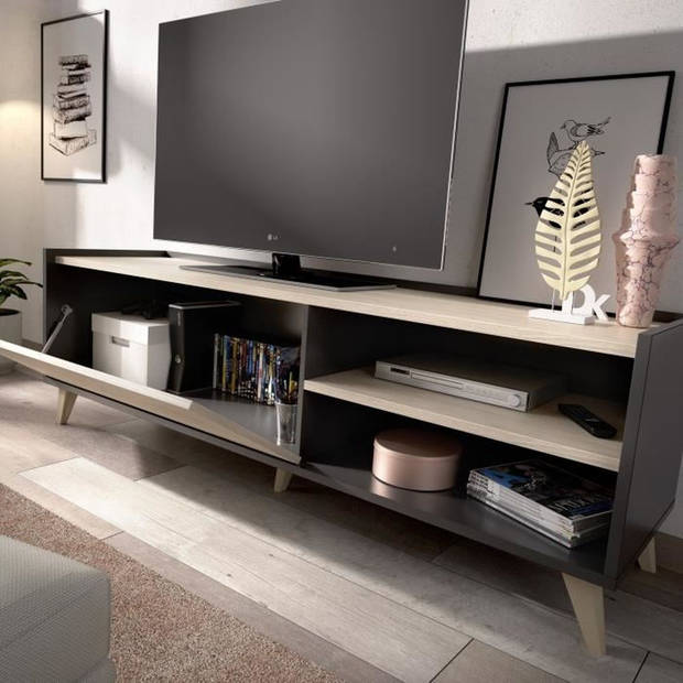 NESS TV-meubel - 1 klep 2 nissen - Grafiet en eiken decor - L 155 x D 43 x H 47 cm