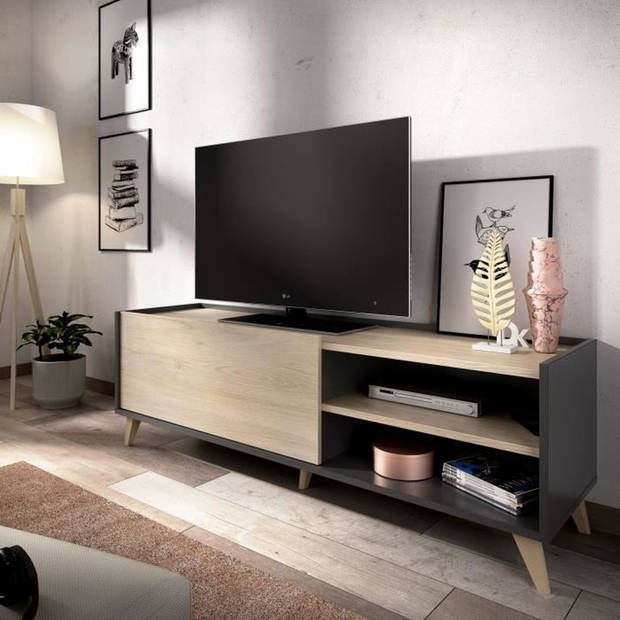 NESS TV-meubel - 1 klep 2 nissen - Grafiet en eiken decor - L 155 x D 43 x H 47 cm
