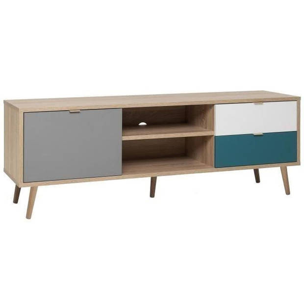 Scandinavisch TV-meubel CUBA - Eiken, grijs, wit en petroleumblauw decor - 1 deur - L 150 x D 40 x H 51 cm