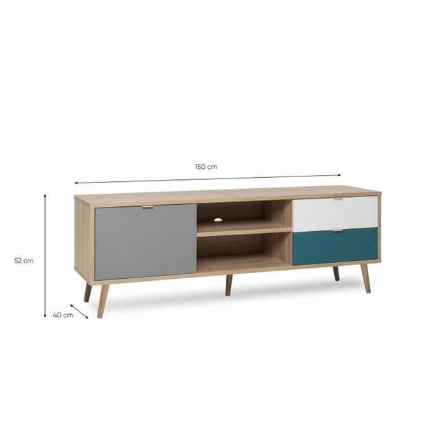 Scandinavisch TV-meubel CUBA - Eiken, grijs, wit en petroleumblauw decor - 1 deur - L 150 x D 40 x H 51 cm