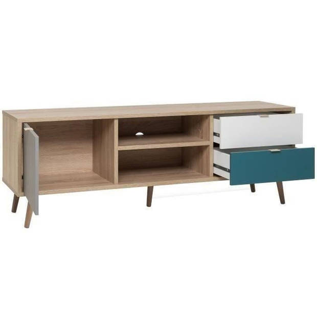 Scandinavisch TV-meubel CUBA - Eiken, grijs, wit en petroleumblauw decor - 1 deur - L 150 x D 40 x H 51 cm