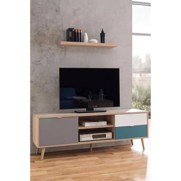 Scandinavisch TV-meubel CUBA - Eiken, grijs, wit en petroleumblauw decor - 1 deur - L 150 x D 40 x H 51 cm