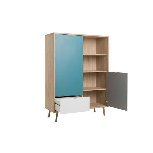 Hoog dressoir - Sonoma eiken, wit, grijs en blauw - Scandinavische stijl - CUBA - L 103 x D 40 x H 139 cm