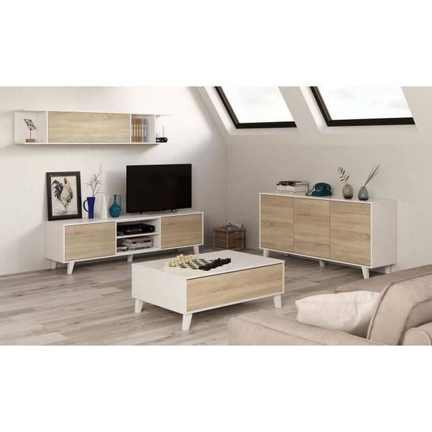 Hefbare salontafel - Scandinavisch - Eiken en wit decor - L 100 x D68 x H 38 cm - ZAIKEN