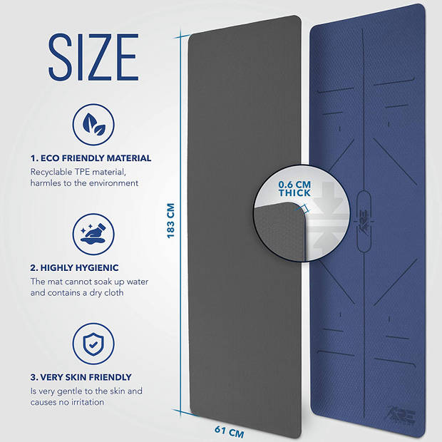 Yogamat, blauw-grijs, 183 x 61 x 0,6 cm, fitnessmat, gymmat, gymnastiekmat, logo