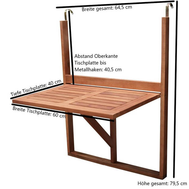 Degamo- Balkonhangtafel, balkontafel, 60 x 40 cm, geolied acacia hout
