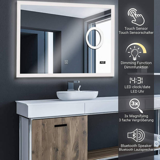 LED badkamer spiegel, dimbaar, met digitale klok, 80 x 60 cm, bluetooth speaker en make-up spiegel