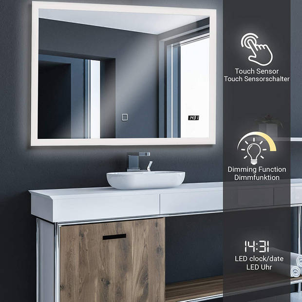 LED badkamer spiegel, dimbaar, met digitale klok, 80 x 60cm