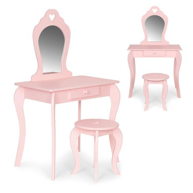 Ecotoys houten kinder kaptafel met spiegel en krukje 43x65x110 cm Roze