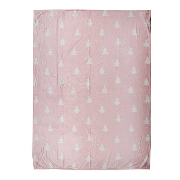 Clayre & Eef Plaid 130x170 cm Roze Wit Polyester Kerstbomen Deken Roze Deken