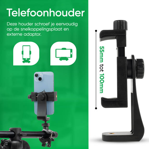 PIXETOOL Camera en Telefoon Statief 180cm – Tripod Statief – met Smartphone Houder –Universeel – Horizontaal – Zwart